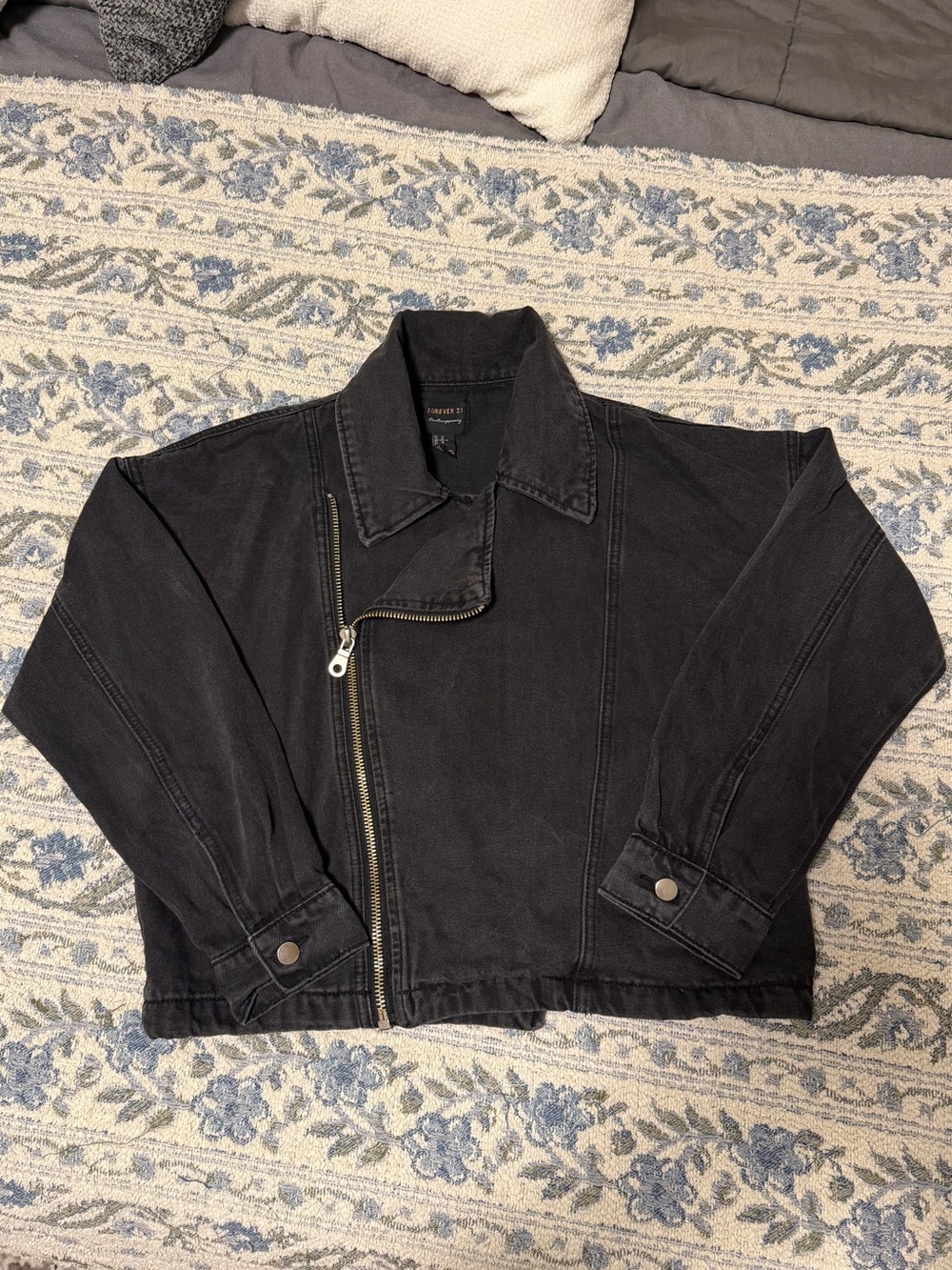 Forever 21 Black Asymmetrical Zip Jean Jacket